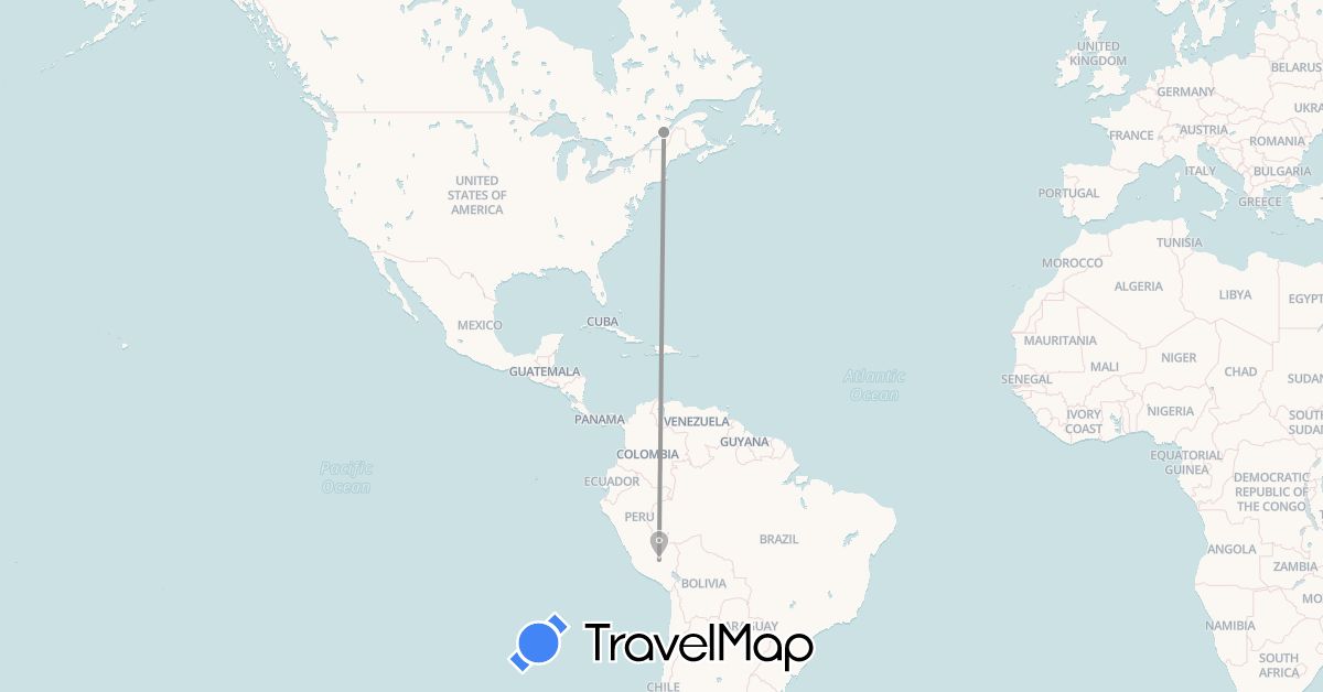 TravelMap itinerary: plane in Canada, Peru (North America, South America)